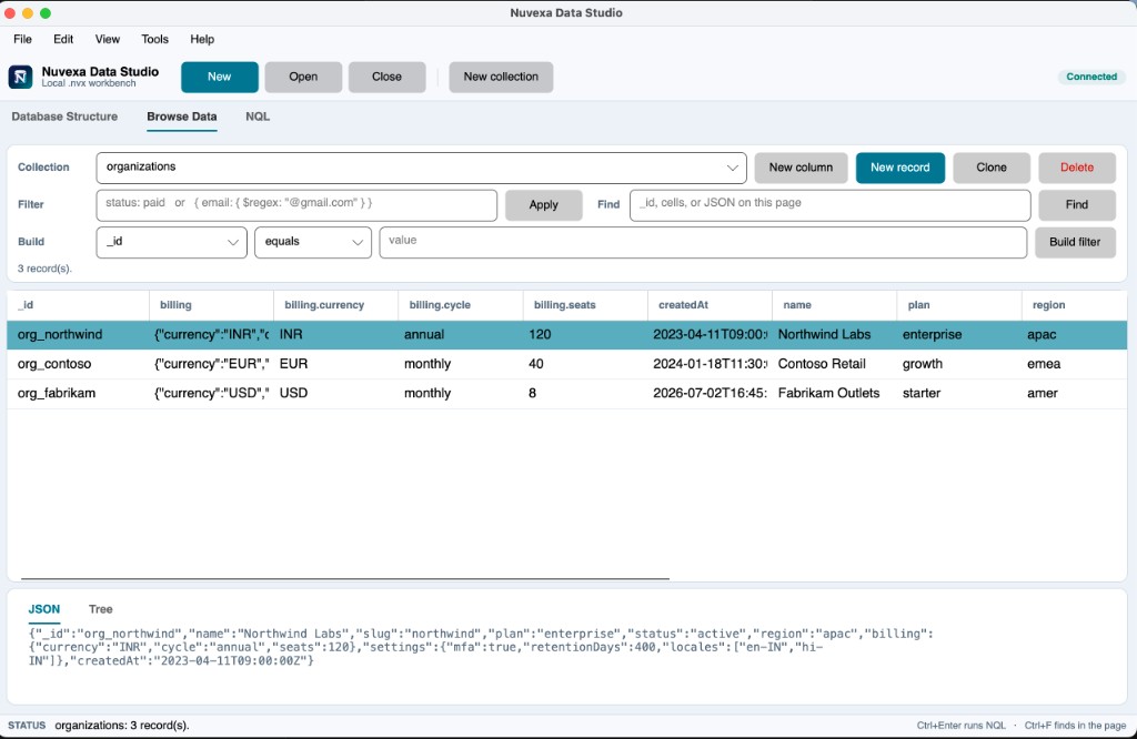 Nuvexa Data Studio Browse Data tab on an organizations collection