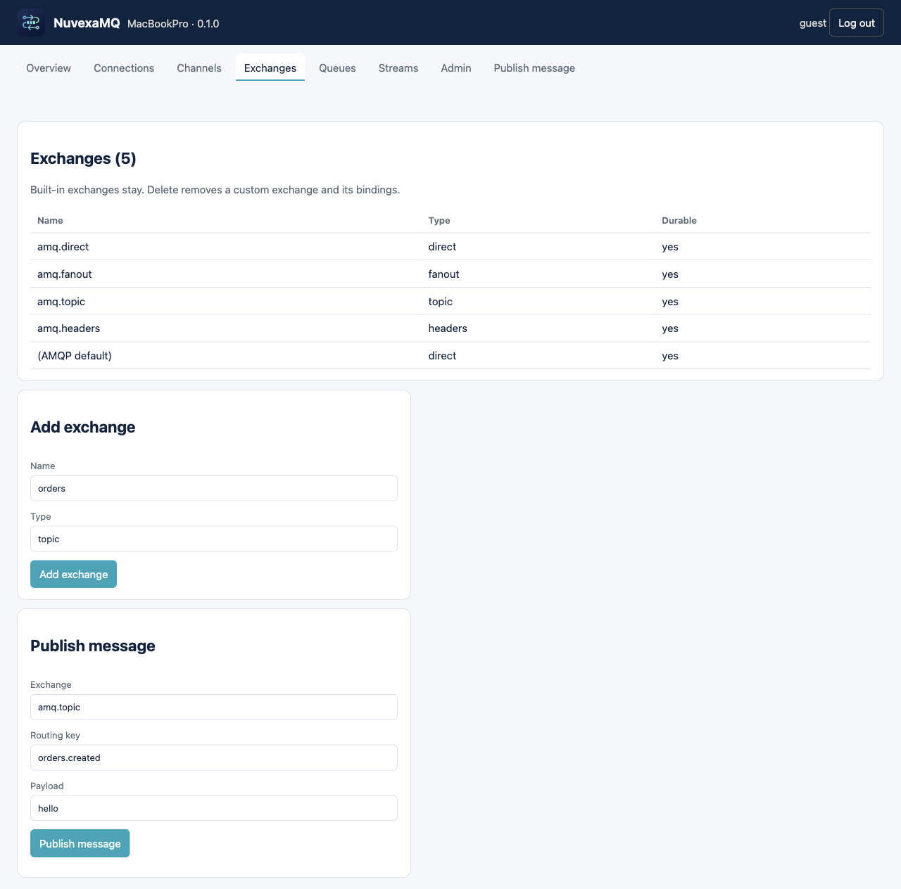 Exchanges: built-in list, Add exchange, and Publish message