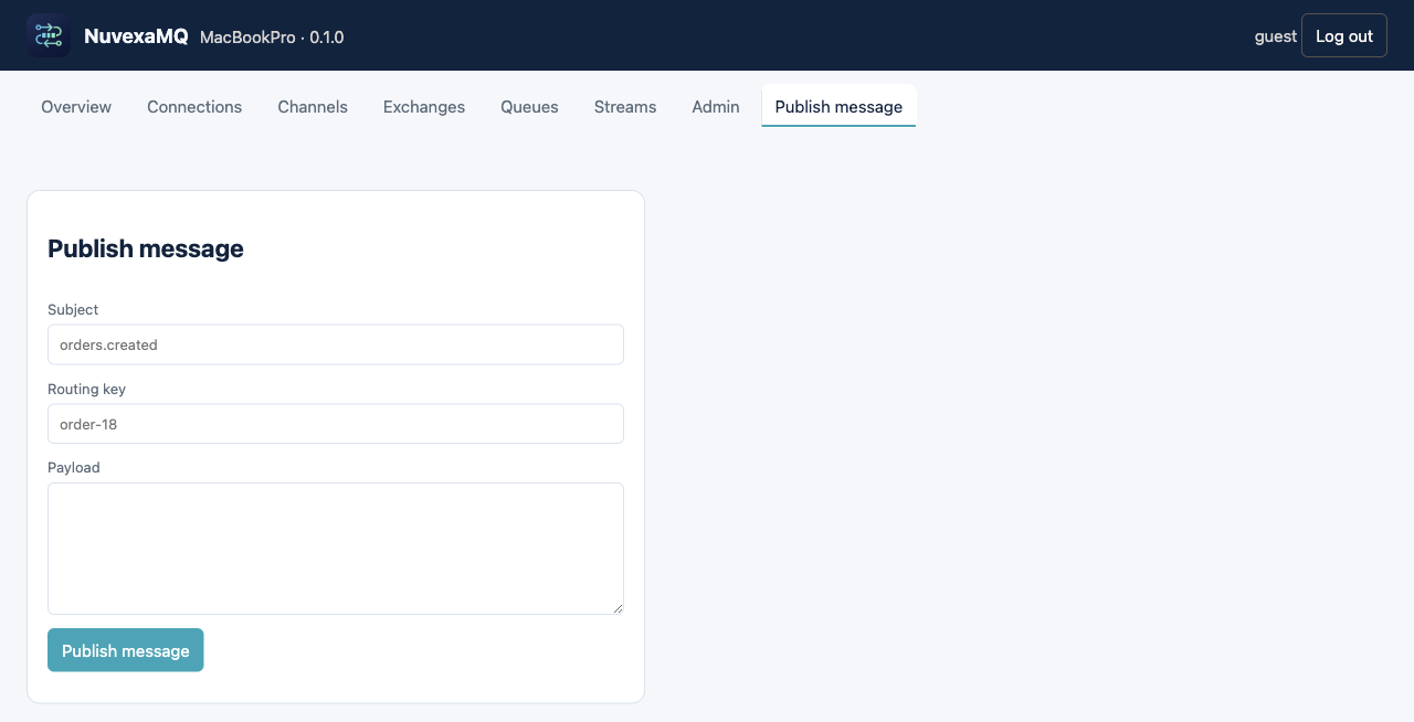 Publish message: subject, routing key, and payload