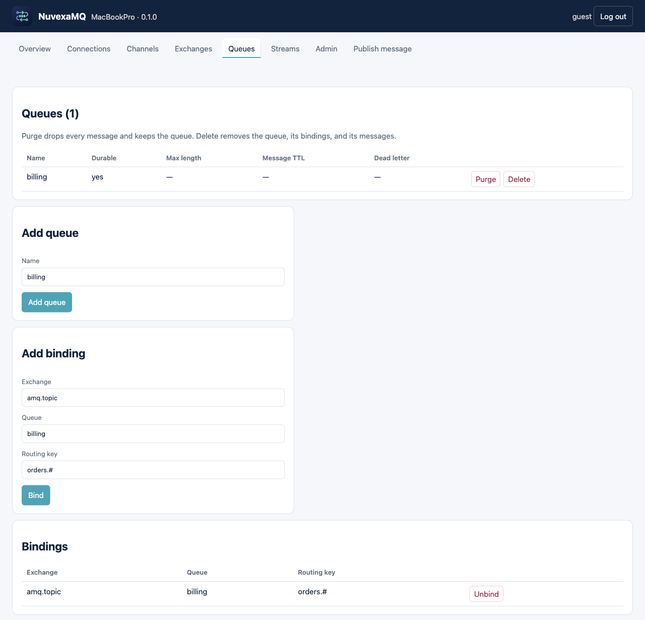 Queues: the queue row, Add queue, Add binding, and Bindings