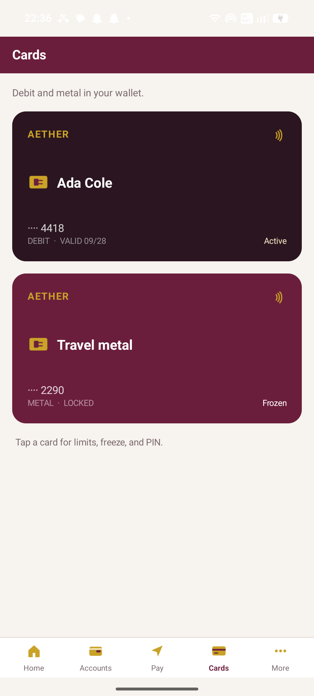 Aether Bank debit and frozen travel metal cards