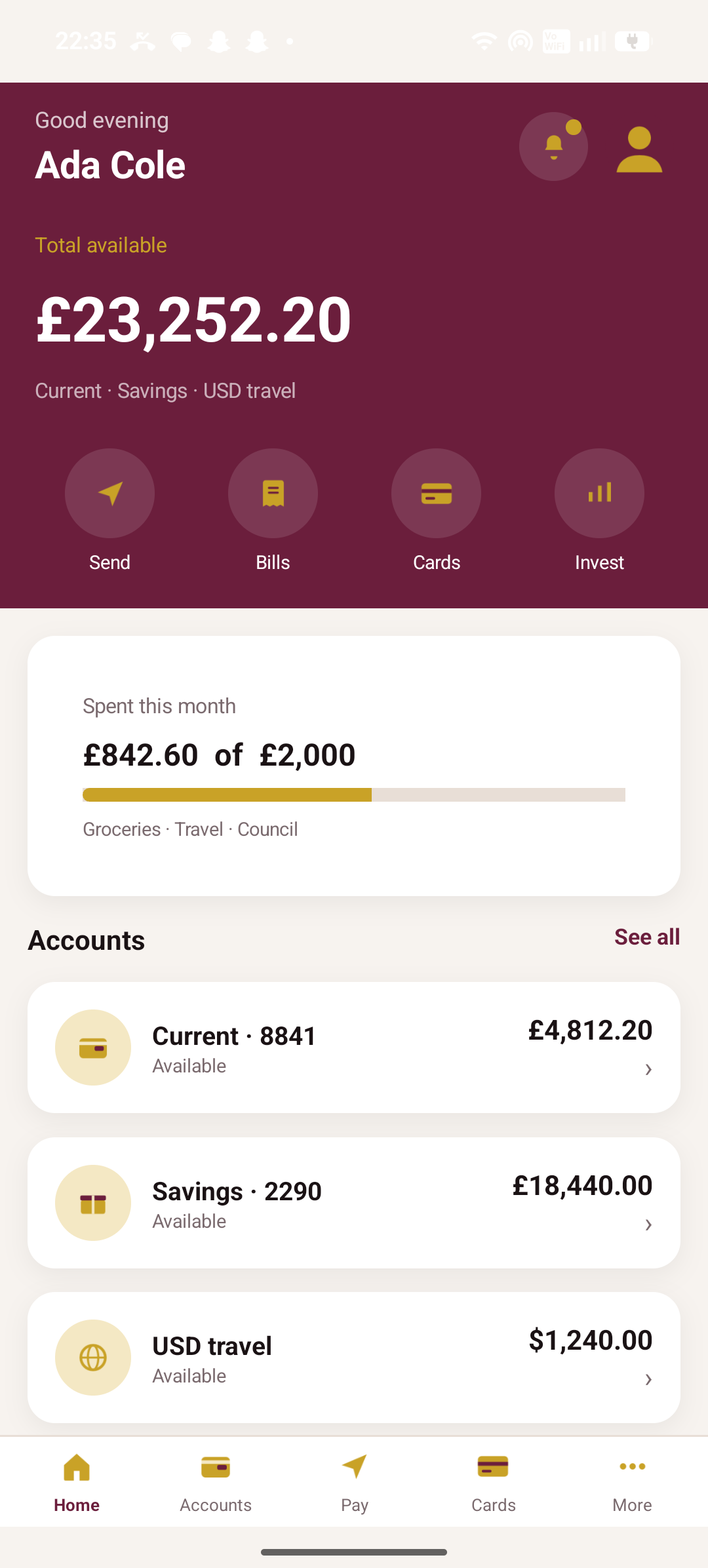 Aether Bank home with available balance and sterling books