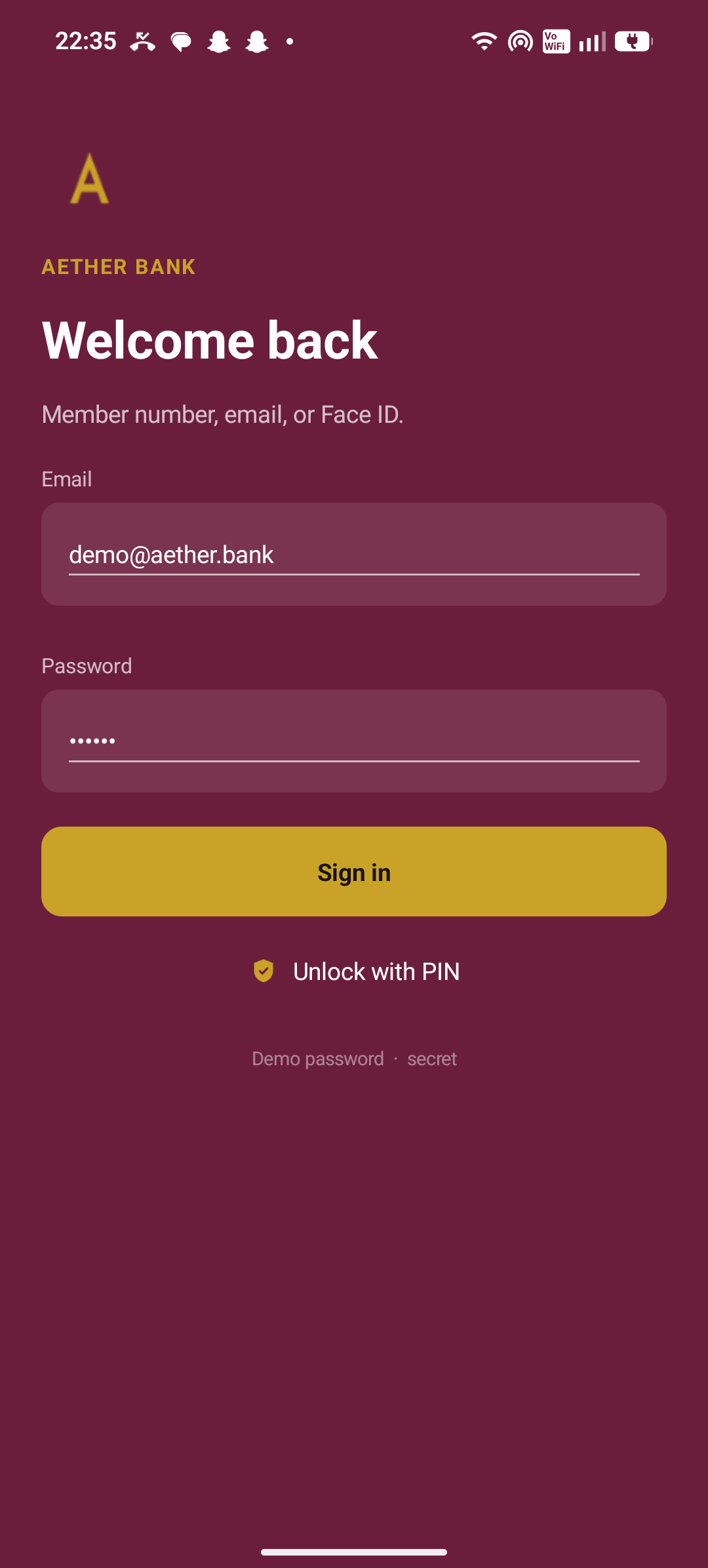 Aether Bank welcome-back sign-in with PIN unlock