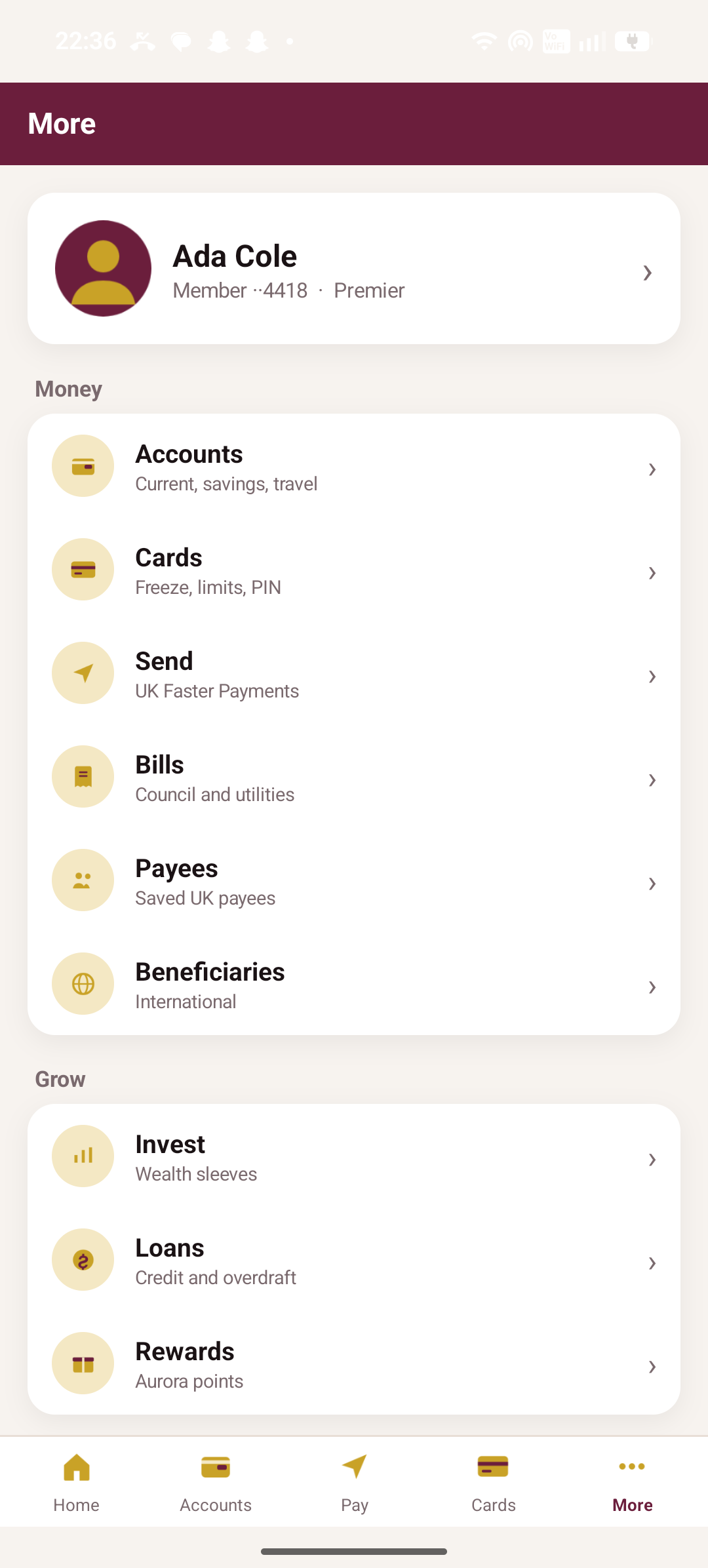 Aether Bank more menu for money and growth