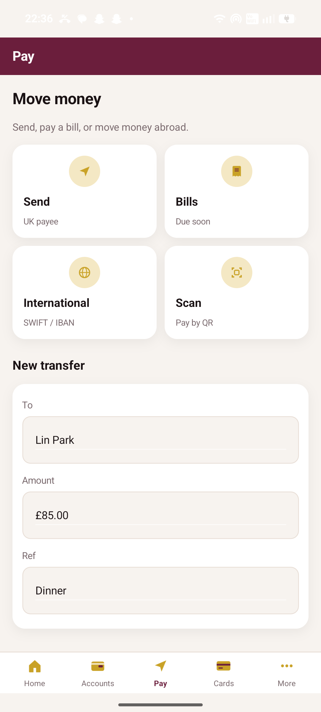 Aether Bank pay hub for send, bills, international, and scan
