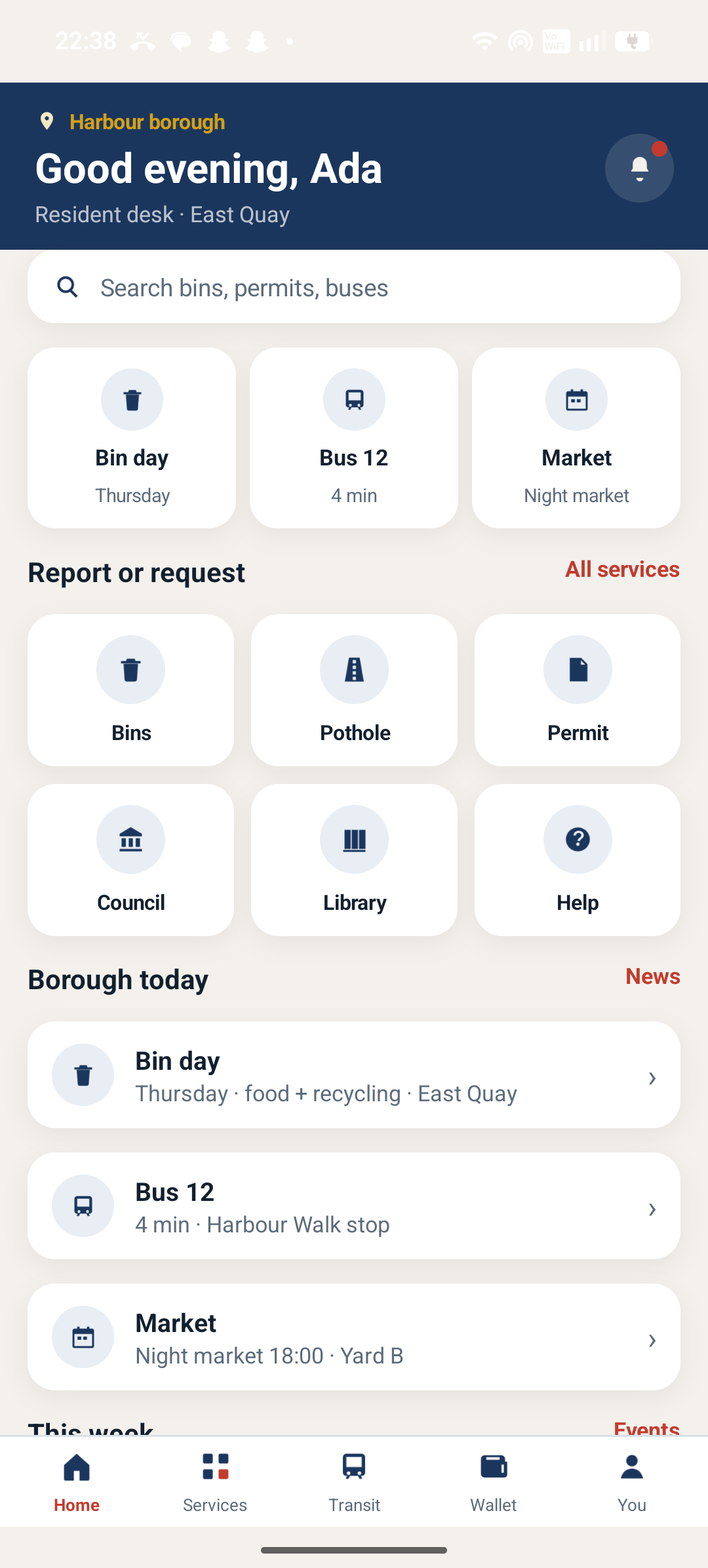 Civic Pulse home with bin day, Bus 12, and borough services