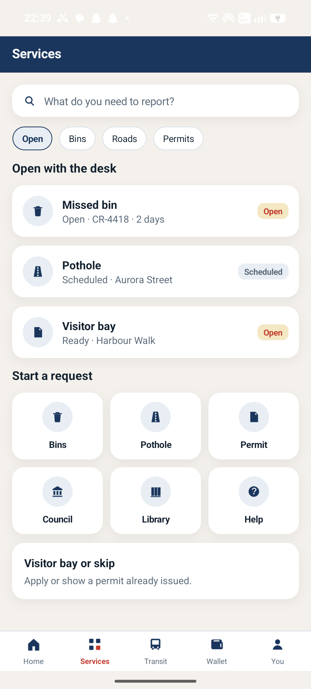 Civic Pulse services desk with open bins and pothole tickets