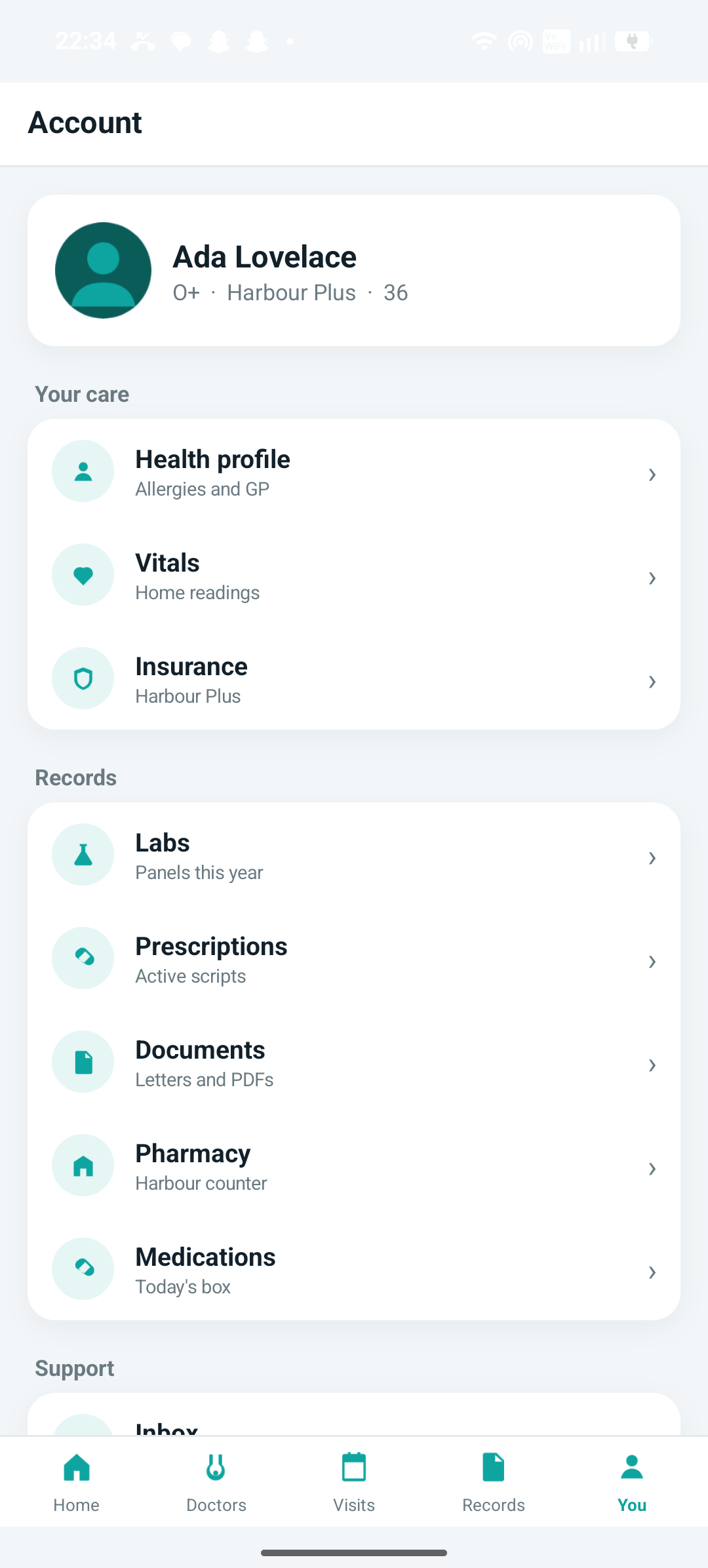 Harbour Clinic account, insurance, and care profile