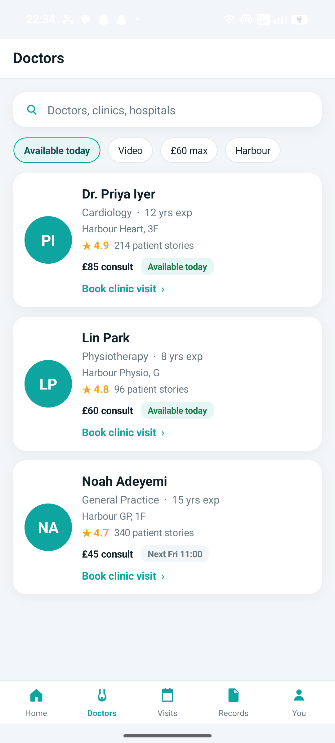 Harbour Clinic doctor directory with ratings and consult fees