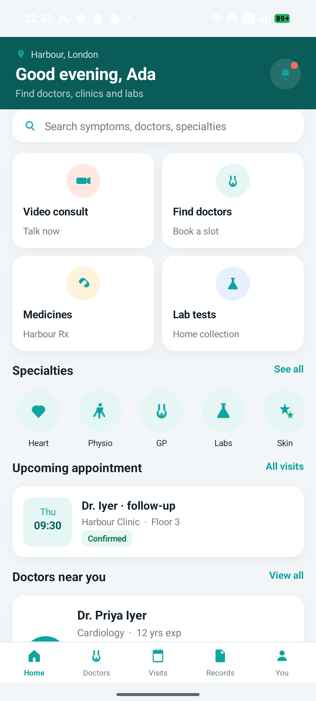 Harbour Clinic home with video consult, doctors, medicines, and labs