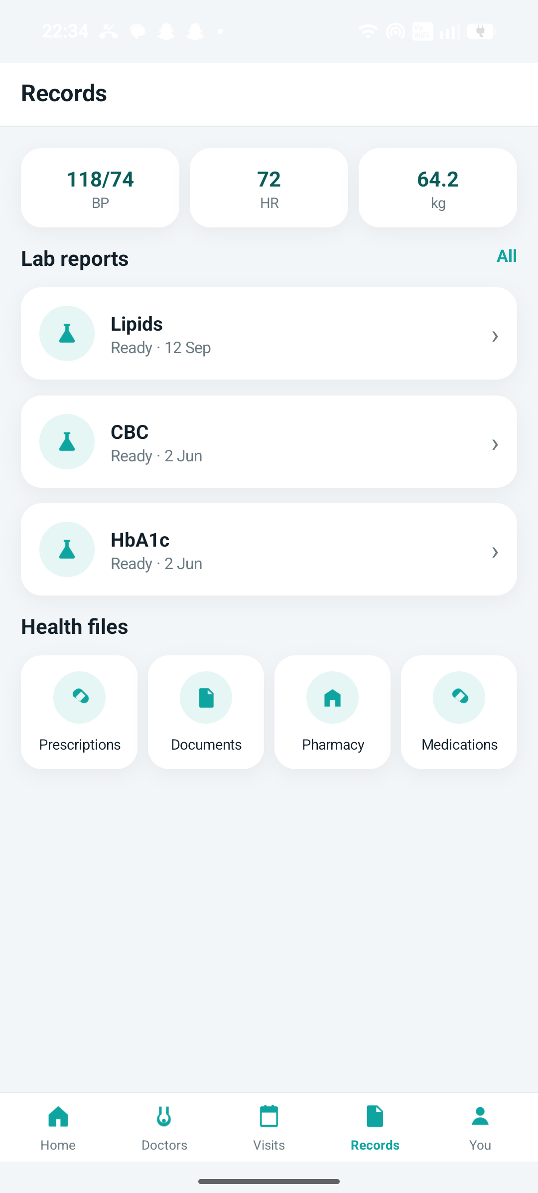 Harbour Clinic records with vitals, labs, and health files
