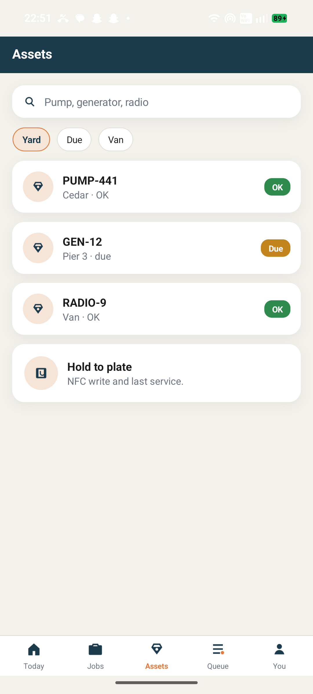 Harbour Fields asset register for pumps, generators, and radios