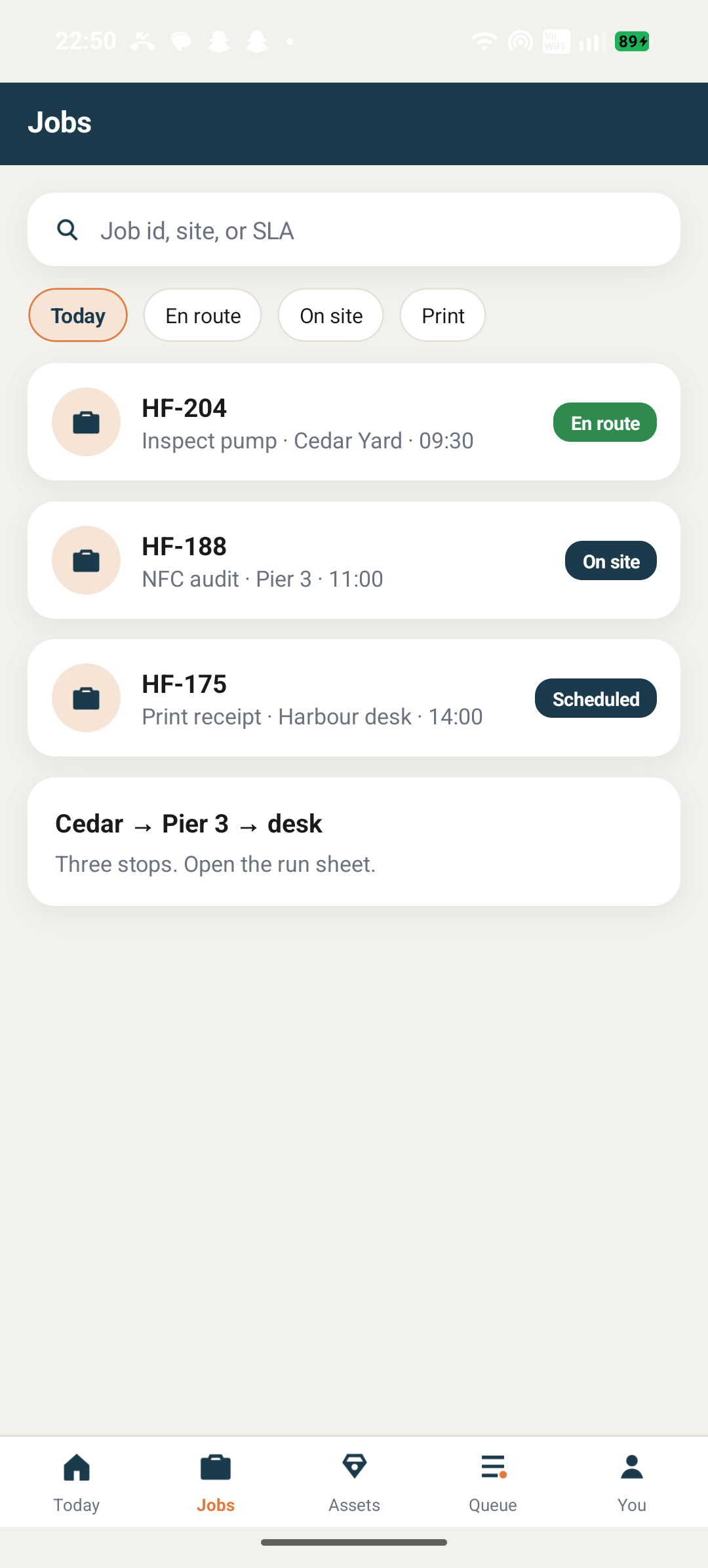 Harbour Fields job list with en route and on site states