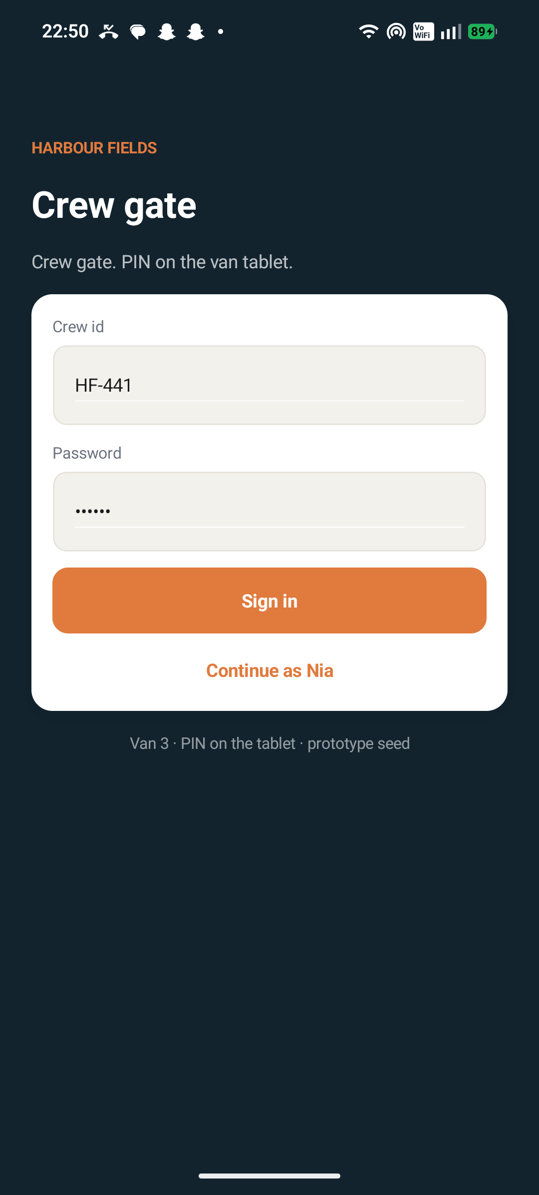 Harbour Fields crew gate sign-in on the van tablet
