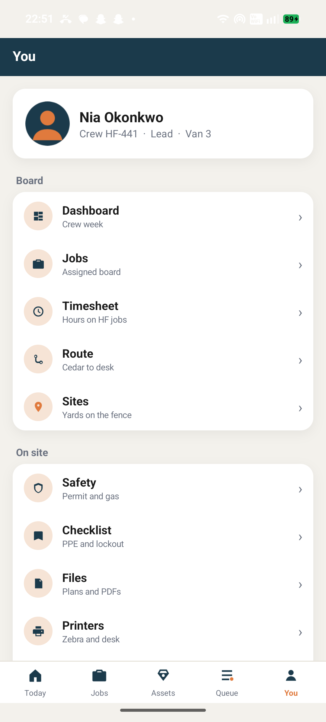 Harbour Fields crew profile, timesheet, and safety