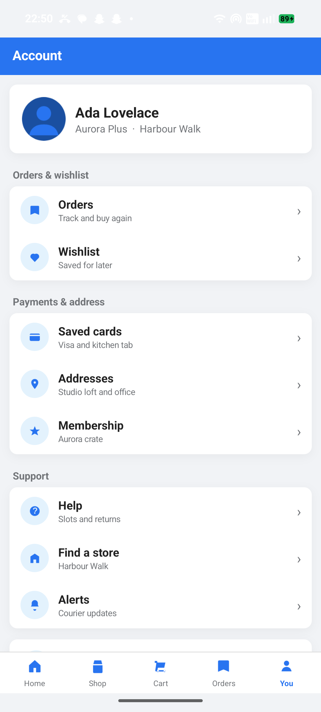 Harbour Market account, wishlist, and saved cards