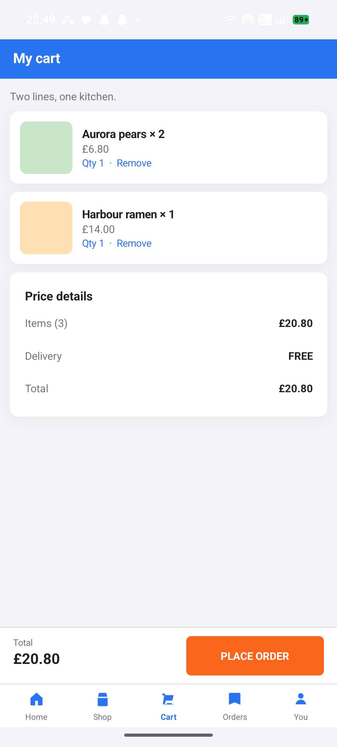 Harbour Market cart with price details and place order